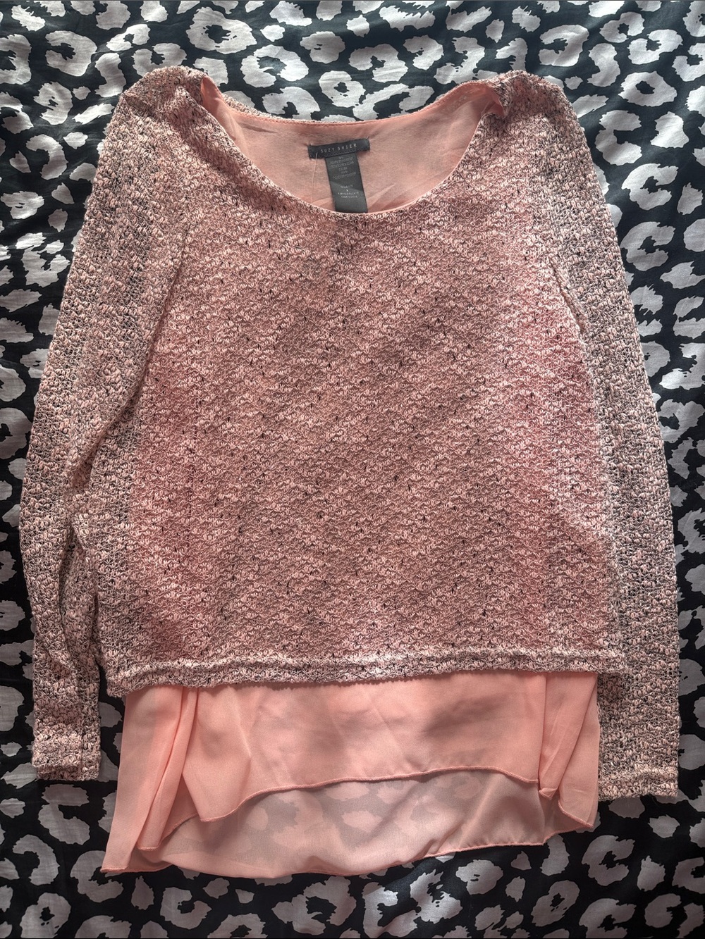 Suzy Shier Blush Pink Textured Two-Layer Peplum Sweater Top